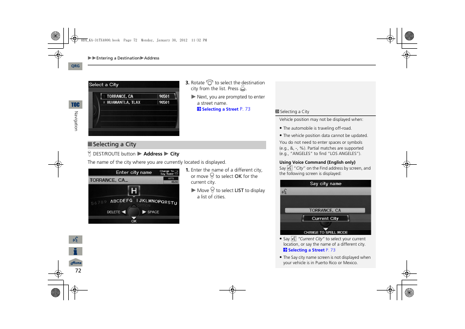 2 selecting a city, P. 72 | Acura 2013 RDX Navigation User Manual | Page 73 / 260