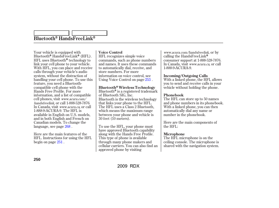 Bluetooth handsfreelink | Acura 2009 RDX User Manual | Page 254 / 433