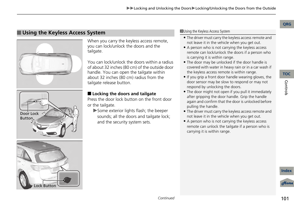 Using the keyless access system | Acura 2013 RDX User Manual | Page 102 / 363
