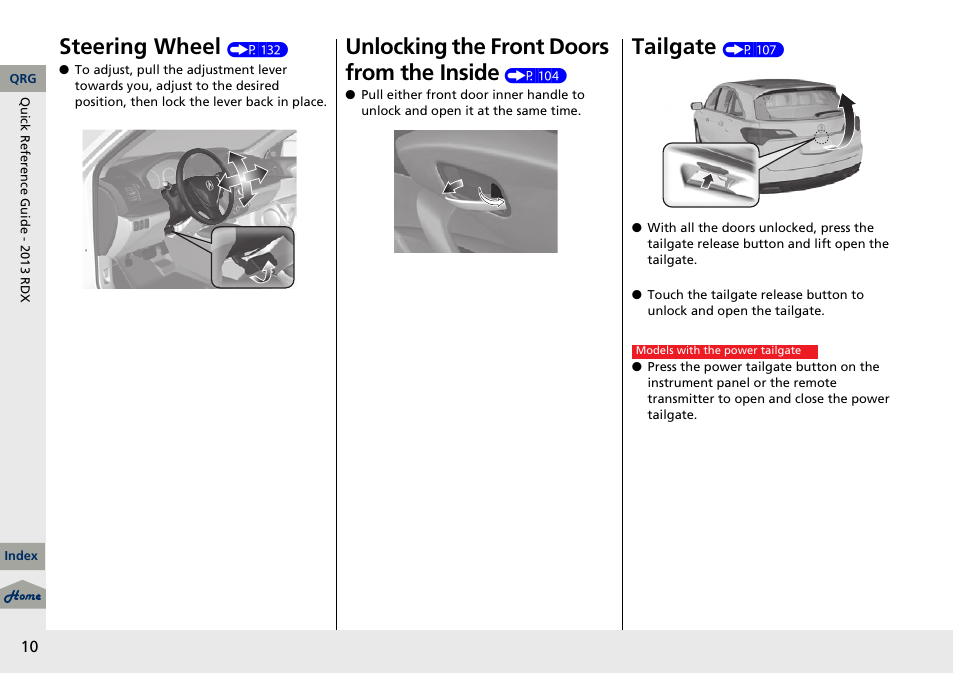 Steering wheel, Unlocking the front doors from the inside, Tailgate | Acura 2013 RDX User Manual | Page 11 / 363