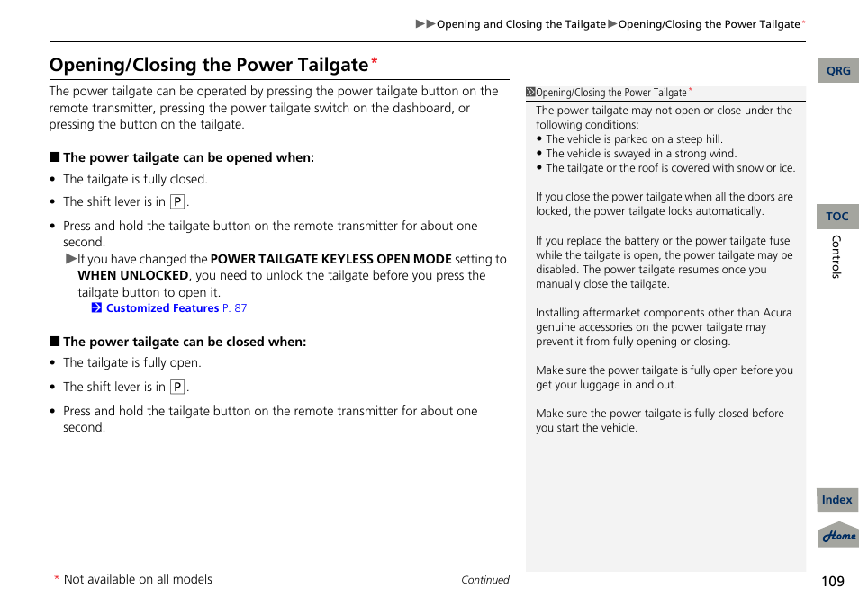 Opening/closing the power tailgate | Acura 2013 RDX User Manual | Page 110 / 363
