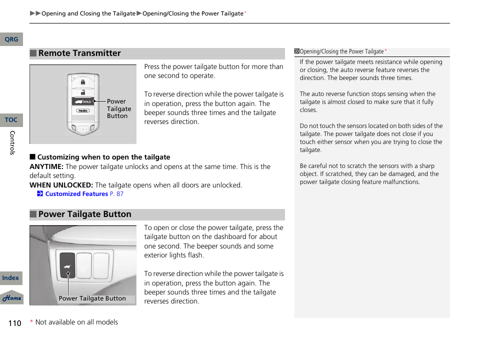 Remote transmitter, Power tailgate button | Acura 2013 RDX User Manual | Page 111 / 363