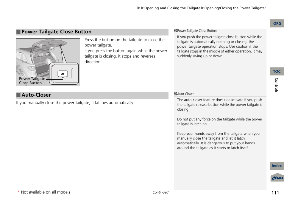 Power tailgate close button, Auto-closer | Acura 2013 RDX User Manual | Page 112 / 363