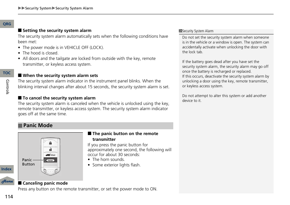 Panic mode | Acura 2013 RDX User Manual | Page 115 / 363