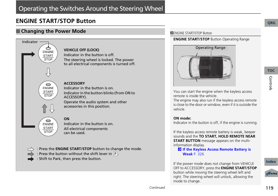 E steering wheel, P. 119, P 119) | Button, Operating the switches around the, Steering, Wheel, Operating the switches around the steering wheel, Engine start/stop button, Changing the power mode | Acura 2013 RDX User Manual | Page 120 / 363