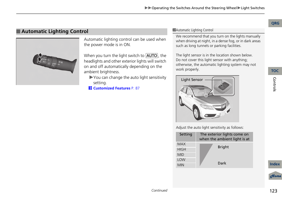 Automatic lighting control | Acura 2013 RDX User Manual | Page 124 / 363