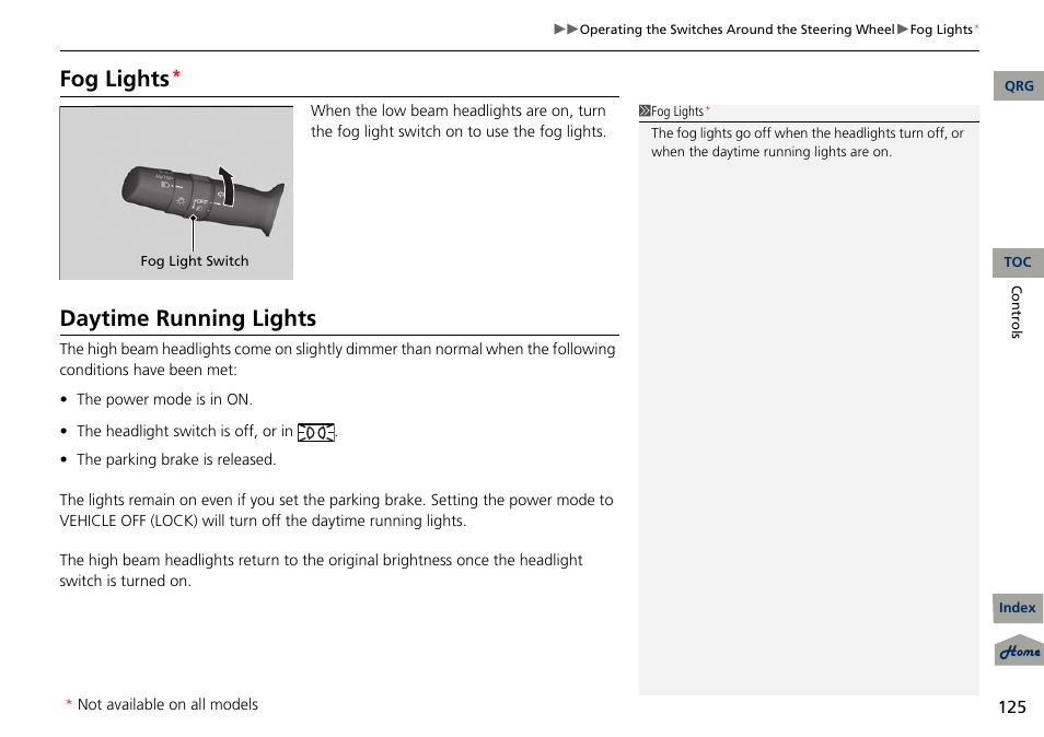 P 125), Fog lights, Daytime running lights | Acura 2013 RDX User Manual | Page 126 / 363