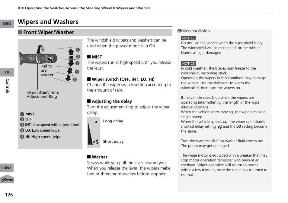 P 126), Shers, Wipers and washers | Front wiper/washer | Acura 2013 RDX User Manual | Page 127 / 363