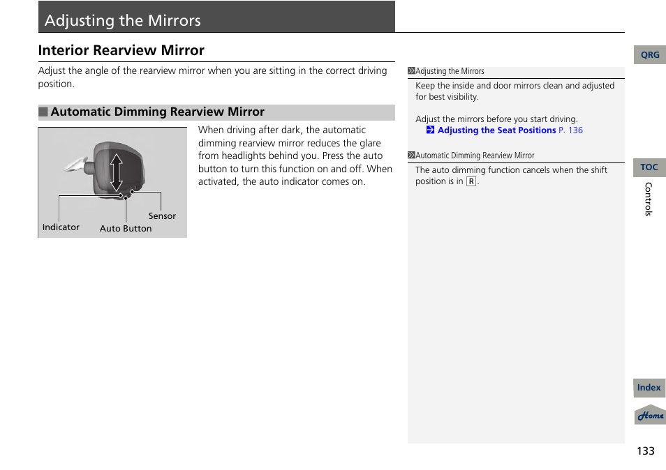 P. 133, P 133), Adjusting | Mirrors, Adjusting the mirrors, Interior rearview mirror, Automatic dimming rearview mirror | Acura 2013 RDX User Manual | Page 134 / 363