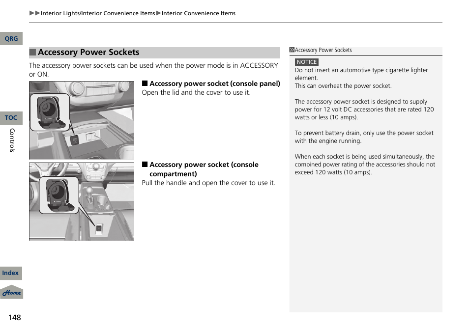 P 148), Accessory power sockets | Acura 2013 RDX User Manual | Page 149 / 363