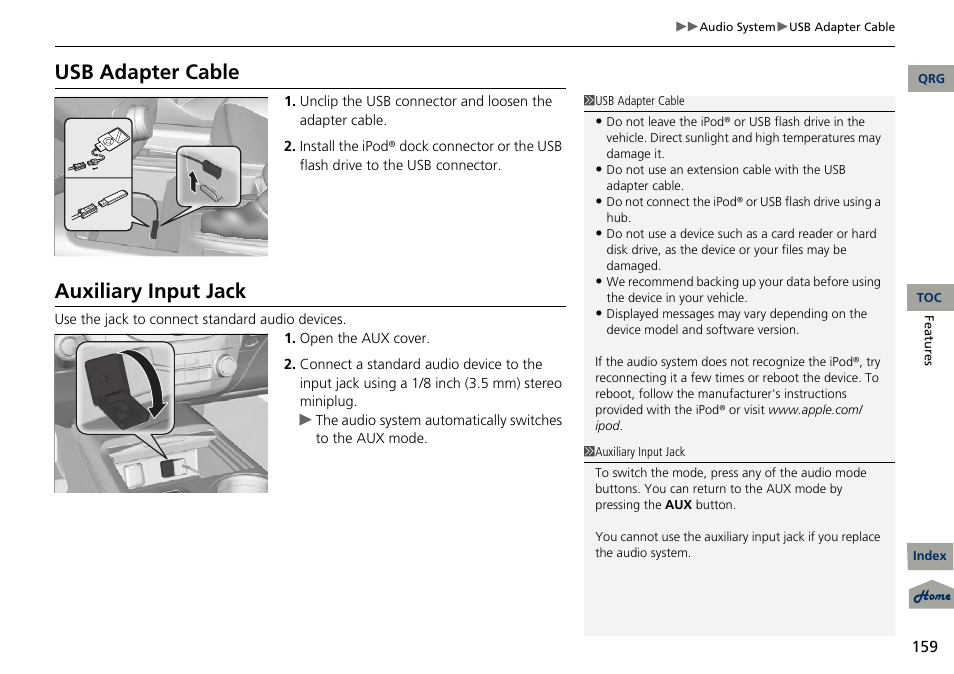 P 159), Usb adapter cable, Auxiliary input jack | Acura 2013 RDX User Manual | Page 160 / 363