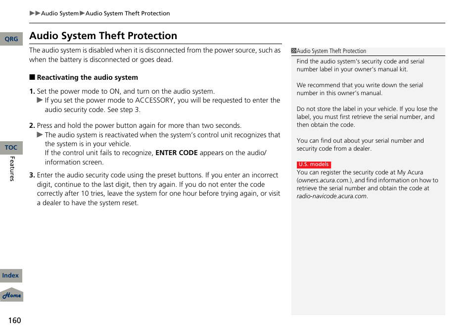 Audio system theft protection | Acura 2013 RDX User Manual | Page 161 / 363