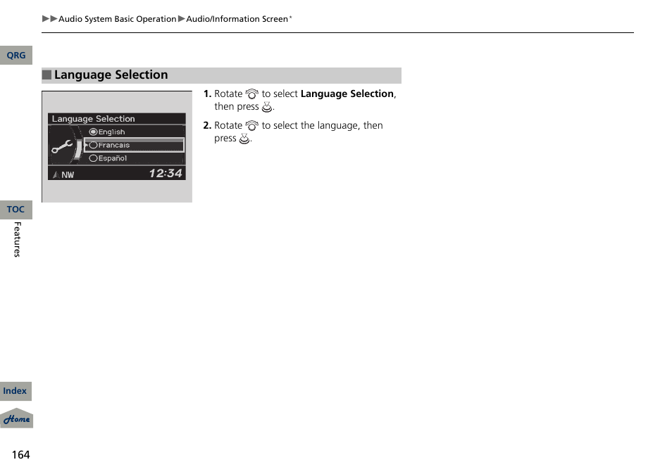 Language selection | Acura 2013 RDX User Manual | Page 165 / 363