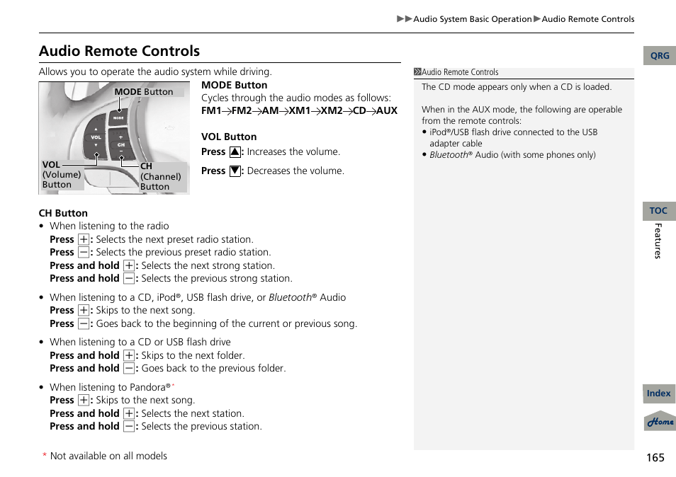 Tton, P165), 2 audio remote controls p. 165 | Audio remote controls | Acura 2013 RDX User Manual | Page 166 / 363