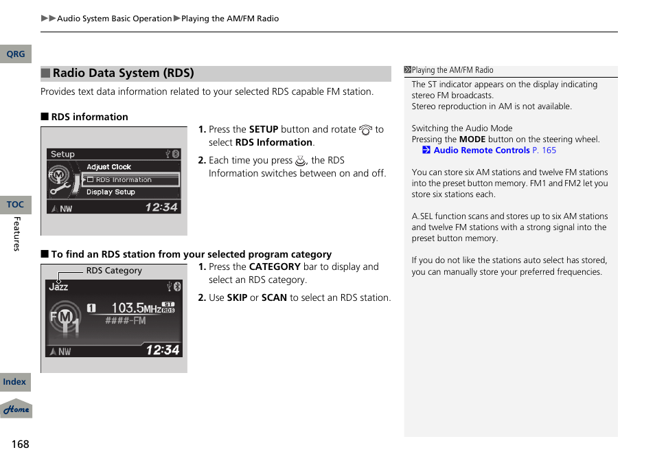 2 radio data system (rds) p. 168, Radio data system (rds) | Acura 2013 RDX User Manual | Page 169 / 363