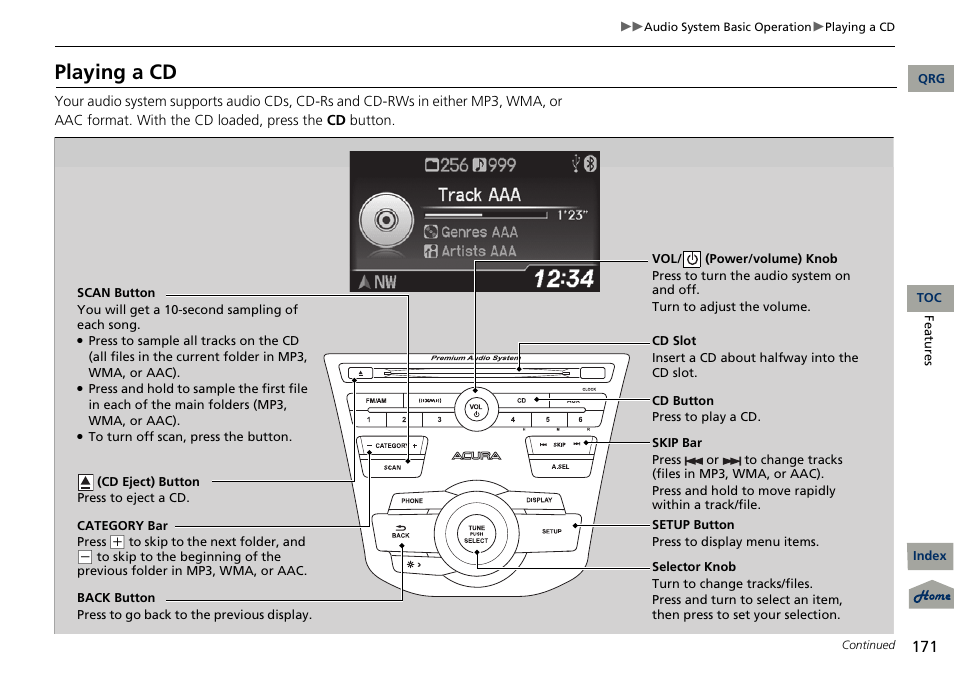 Playing a cd | Acura 2013 RDX User Manual | Page 172 / 363