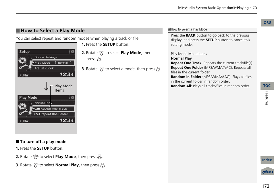 2 how to select a play mode p. 173, How to select a play mode | Acura 2013 RDX User Manual | Page 174 / 363