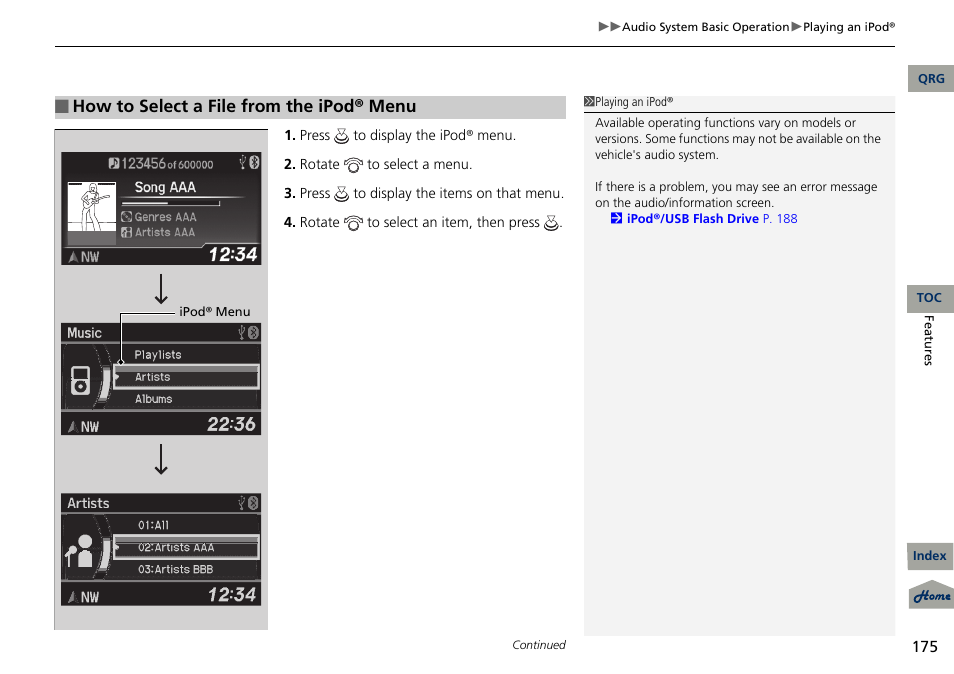 How to select a file from the ipod® menu | Acura 2013 RDX User Manual | Page 176 / 363