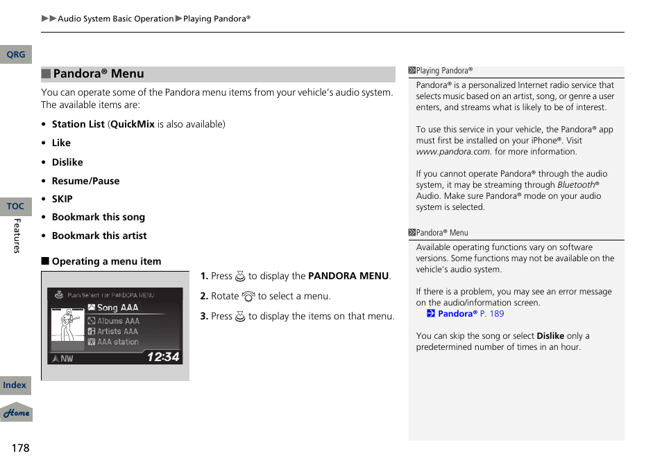 Pandora® menu | Acura 2013 RDX User Manual | Page 179 / 363