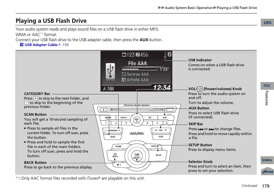 Playing a usb flash drive | Acura 2013 RDX User Manual | Page 180 / 363