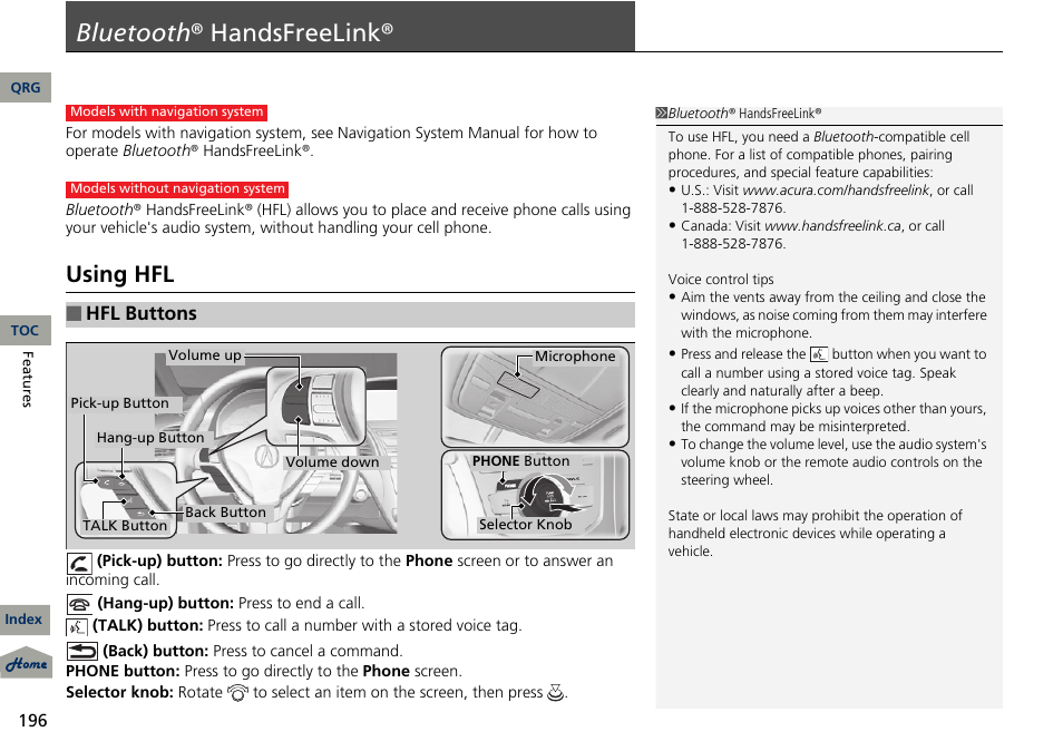 P. 196, P 196), Bluetooth ® handsfreelink | Using hfl, Hfl buttons | Acura 2013 RDX User Manual | Page 197 / 363