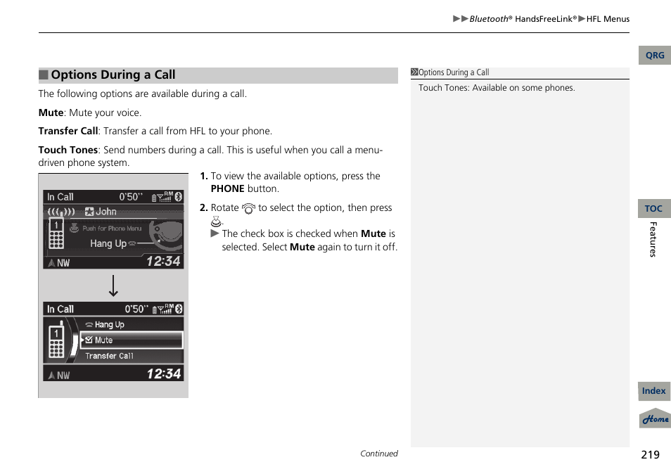 Options during a call | Acura 2013 RDX User Manual | Page 220 / 363
