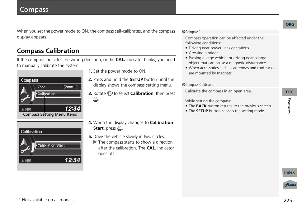 P. 225, Compass, Compass calibration | Acura 2013 RDX User Manual | Page 226 / 363