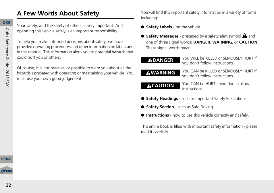 A few words about safety | Acura 2013 RDX User Manual | Page 23 / 363