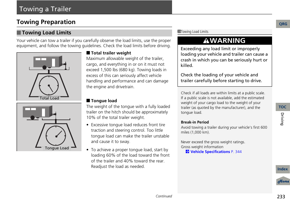 A trailer, P. 233, Towing | Trailer, Towing a trailer, Warning, Towing preparation | Acura 2013 RDX User Manual | Page 234 / 363