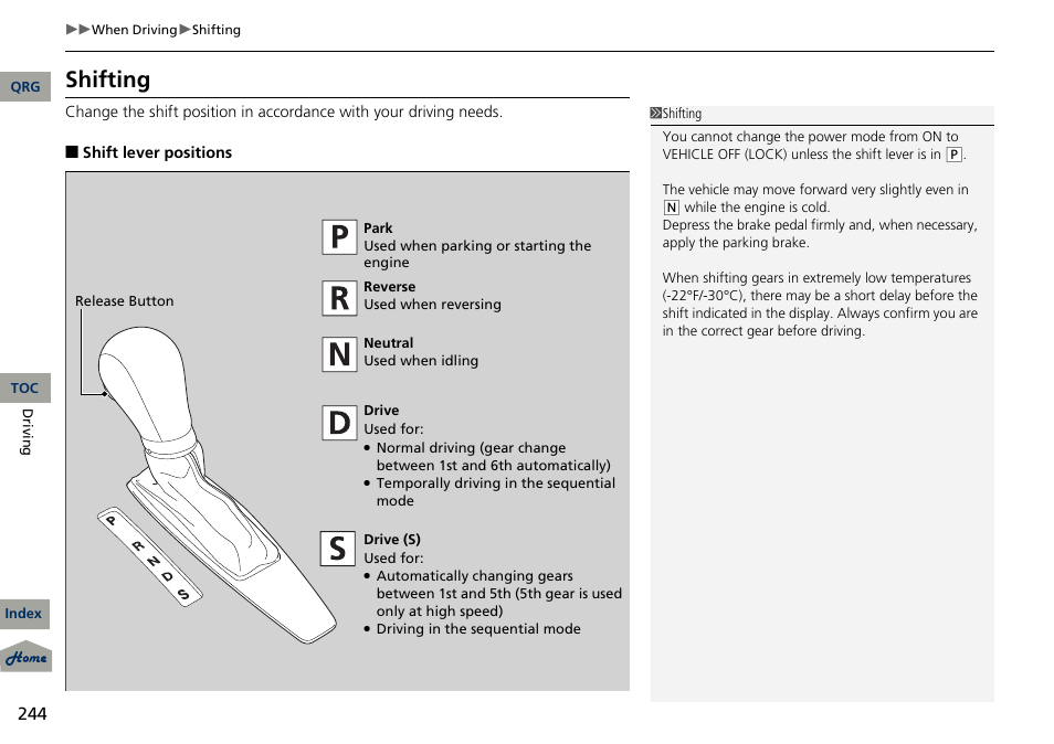 P 244), Shifting | Acura 2013 RDX User Manual | Page 245 / 363