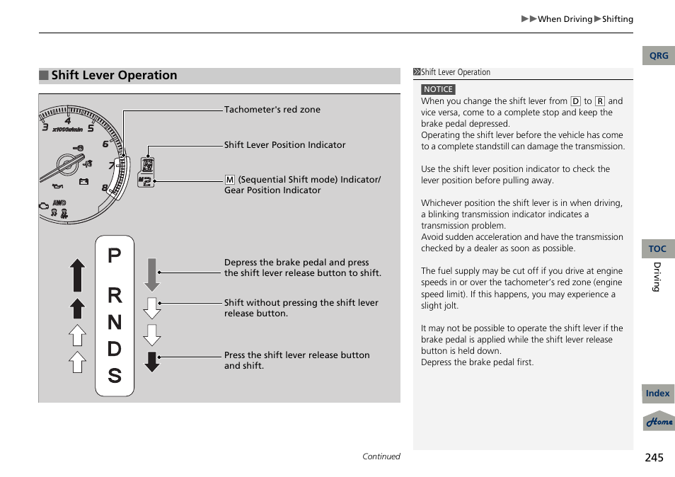 Shift lever operation | Acura 2013 RDX User Manual | Page 246 / 363