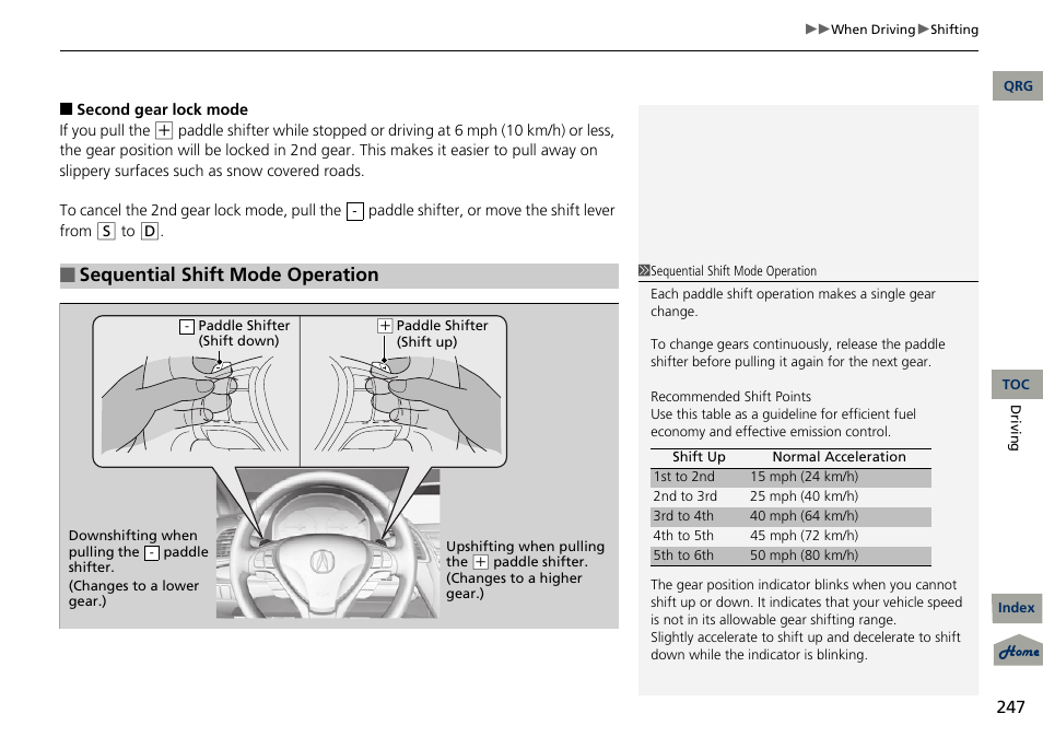 Sequential shift mode operation | Acura 2013 RDX User Manual | Page 248 / 363