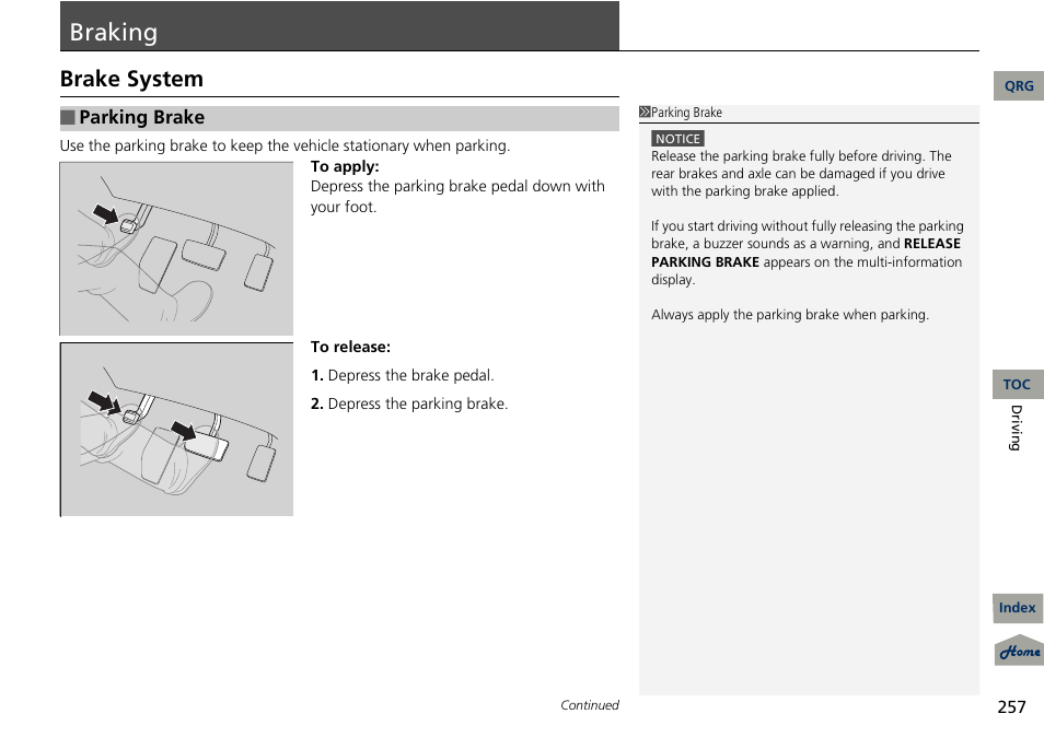 Raking, P. 257, P 257 | Braking, Brake system | Acura 2013 RDX User Manual | Page 258 / 363