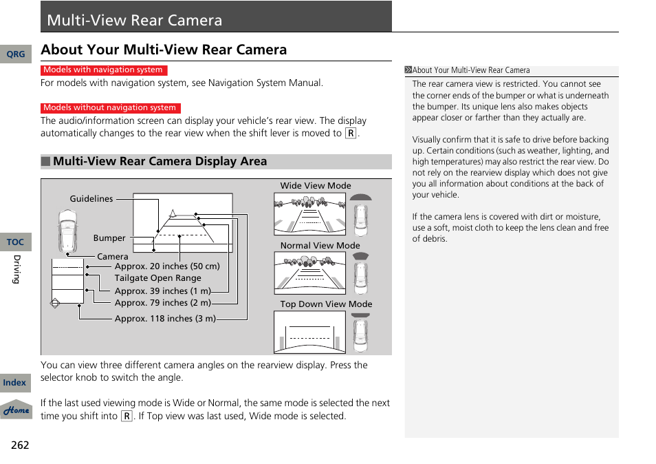P. 262, P 262), Multi-view rear camera | About your multi-view rear camera, Multi-view rear camera display area | Acura 2013 RDX User Manual | Page 263 / 363