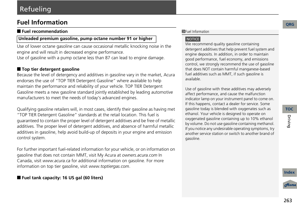 P. 263, Eling, P 263) | Refueling, Fuel information | Acura 2013 RDX User Manual | Page 264 / 363