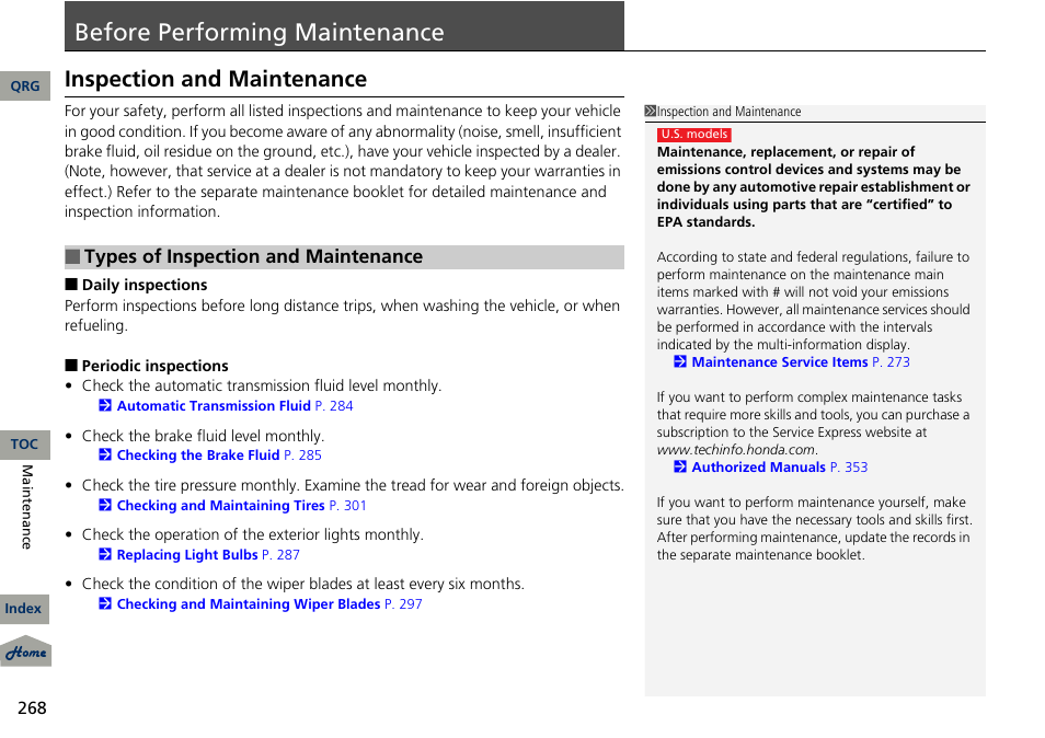 Tenance, Before, Performing | Maintenance, Before performing maintenance, Inspection and maintenance, Types of inspection and maintenance | Acura 2013 RDX User Manual | Page 269 / 363