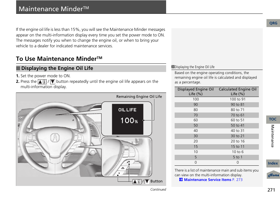 P. 271, 2 maintenance minder, Maintenance minder | Displaying the engine oil life | Acura 2013 RDX User Manual | Page 272 / 363