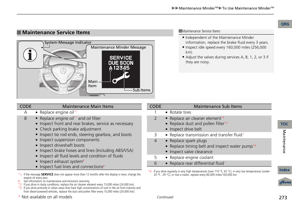 2 maintenance service items p. 273, Maintenance service items | Acura 2013 RDX User Manual | Page 274 / 363