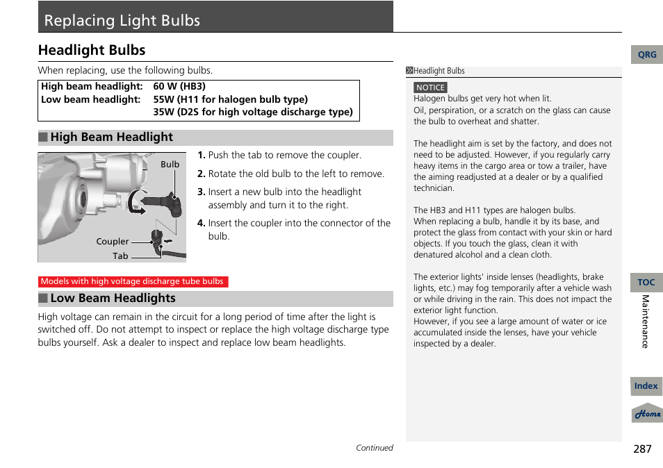 P. 287, P 287), Replacing light bulbs | 2 replacing light bulbs p. 287, Headlight bulbs | Acura 2013 RDX User Manual | Page 288 / 363