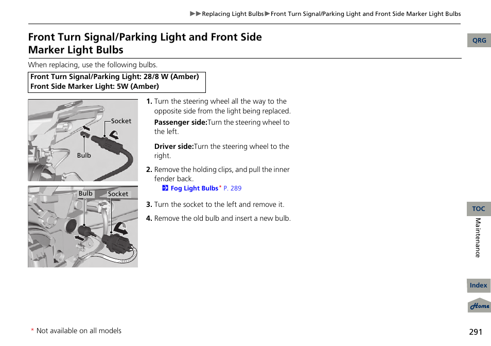 2 front turn signal/parking light and, Front side marker light bulbs p. 291 | Acura 2013 RDX User Manual | Page 292 / 363
