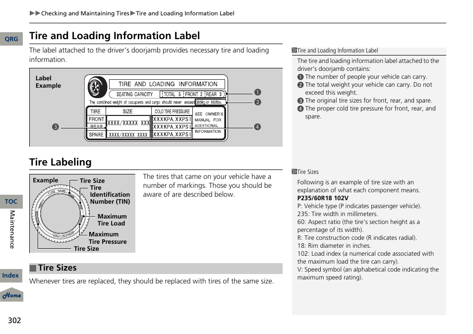 Tire and loading information label, Tire labeling, Tire sizes | Acura 2013 RDX User Manual | Page 303 / 363