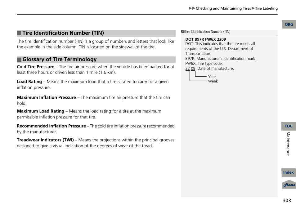 Tire identification number (tin), Glossary of tire terminology | Acura 2013 RDX User Manual | Page 304 / 363