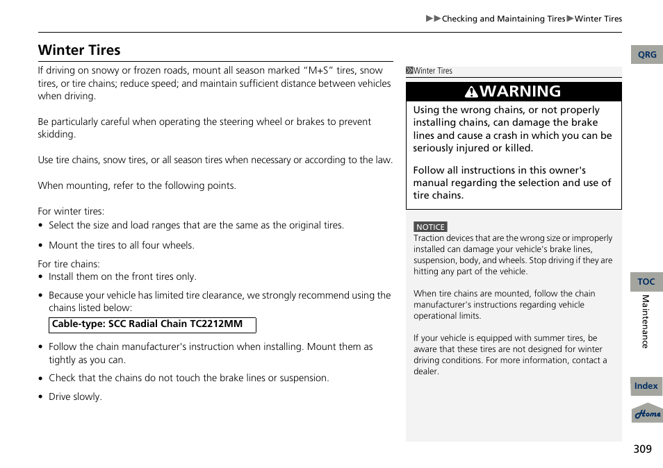 Warning, Winter tires | Acura 2013 RDX User Manual | Page 310 / 363