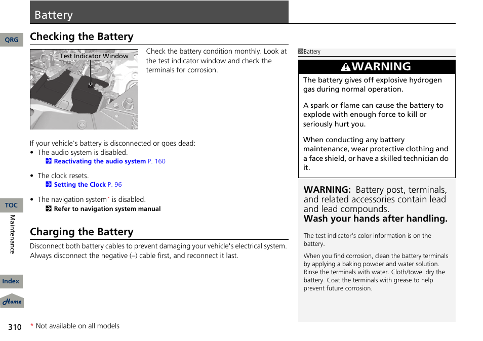 Battery, Warning, Checking the battery | Charging the battery | Acura 2013 RDX User Manual | Page 311 / 363
