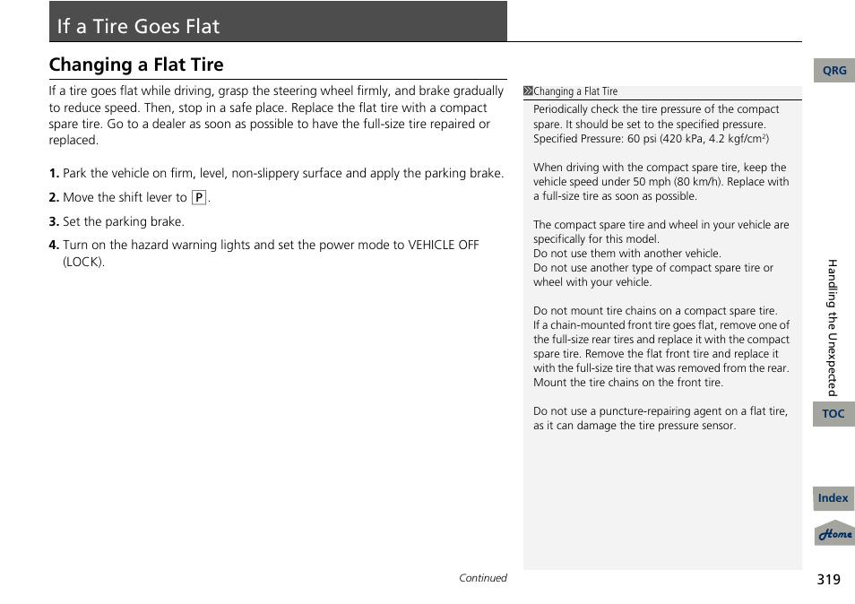 Flat, P 319), Tire | Goes, If a tire goes flat, Changing a flat tire | Acura 2013 RDX User Manual | Page 320 / 363