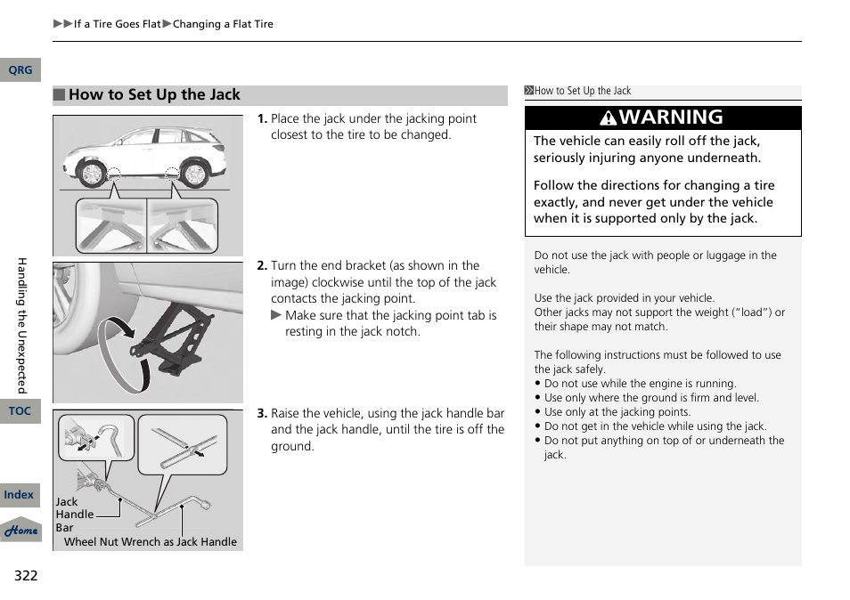 Warning, How to set up the jack | Acura 2013 RDX User Manual | Page 323 / 363