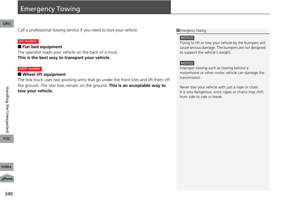 Mergency towing, Emergency towing, P 340) | 2 emergency towing p. 340 | Acura 2013 RDX User Manual | Page 341 / 363