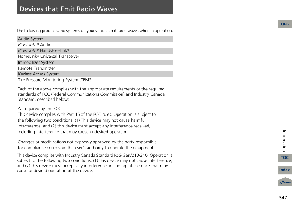 That emit radio waves, Devices that emit radio waves | Acura 2013 RDX User Manual | Page 348 / 363