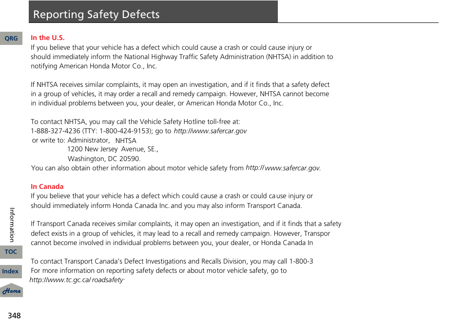 Safety defects, Reporting safety defects | Acura 2013 RDX User Manual | Page 349 / 363