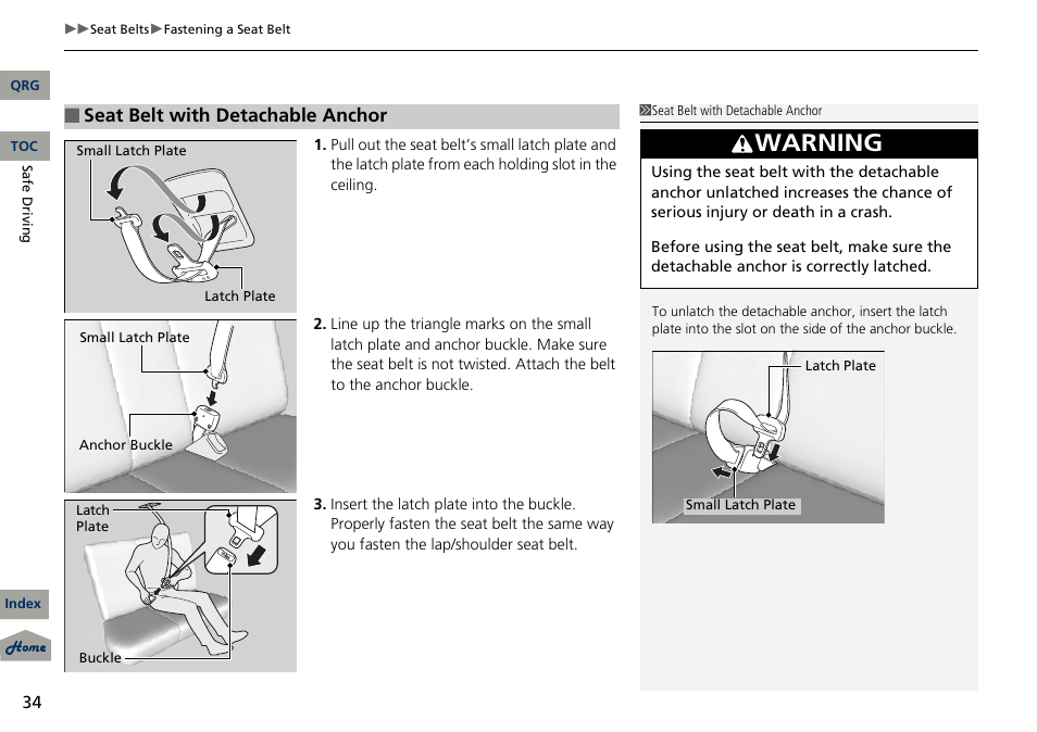 P 34, Warning, Seat belt with detachable anchor | Acura 2013 RDX User Manual | Page 35 / 363